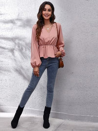 Thumbnail for V-Neck Balloon Sleeve Peplum Blouse