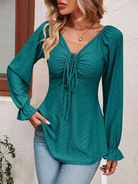 Thumbnail for Tie Front V-Neck Puff Sleeve Blouse