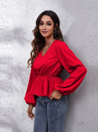 Thumbnail for V-Neck Balloon Sleeve Peplum Blouse