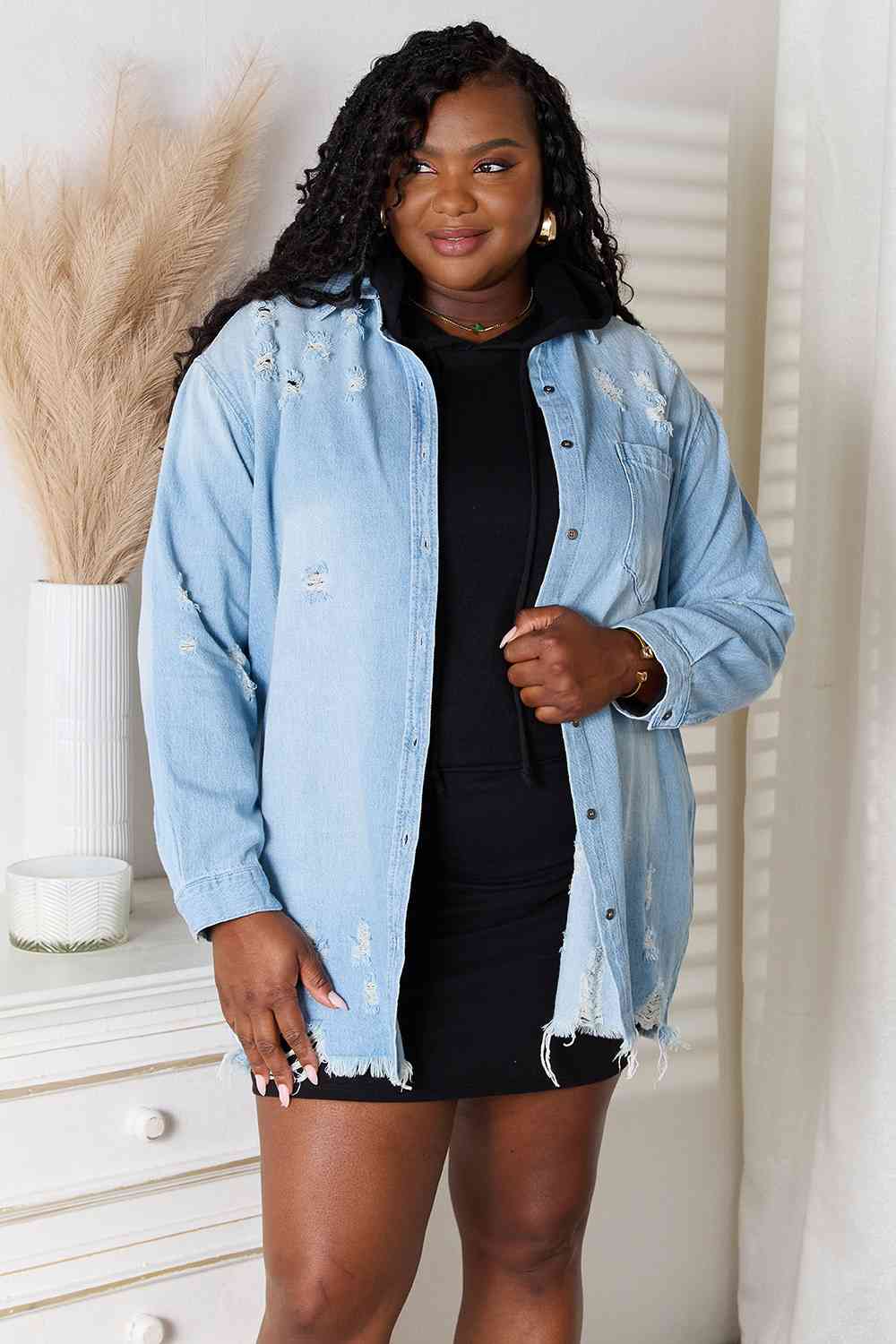 Agnes Orinda Women Plus Size Button Front Frayed Cut Chest Pocket Distressed  Denim Jacket : Target
