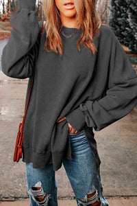 Thumbnail for Dropped Shoulder Round Neck Long Sleeve Blouse