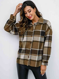 Thumbnail for Plaid Button Up Collared Neck Jacket