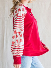 Thumbnail for Heart Striped Quarter Button Long Sleeve T-Shirt