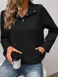 Thumbnail for Half Buttoned Collared Neck Sweatshirt with Pocket