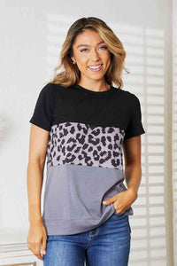 Thumbnail for Double Take Leopard Print Color Block Short Sleeve T-Shirt