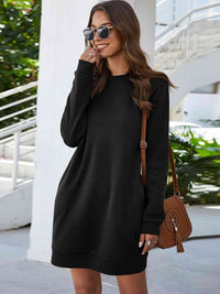 Thumbnail for Round Neck Long Sleeve Mini Dress with Pockets