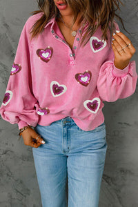 Thumbnail for Heart Sequin Half Snap Mineral Wash Sweatshirt