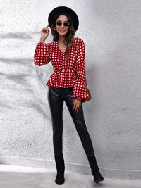 Thumbnail for Plaid V-Neck Balloon Sleeve Peplum Blouse