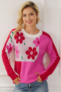 Thumbnail for Floral Round Neck Dropped Shoulder Sweater