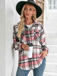 Thumbnail for Meet You Outside Plaid Button Down Curved Hem Shacket