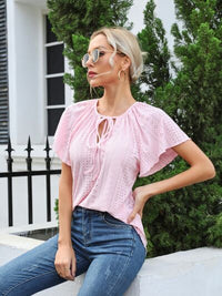 Thumbnail for Eyelet Tie Neck Flutter Sleeve Blouse