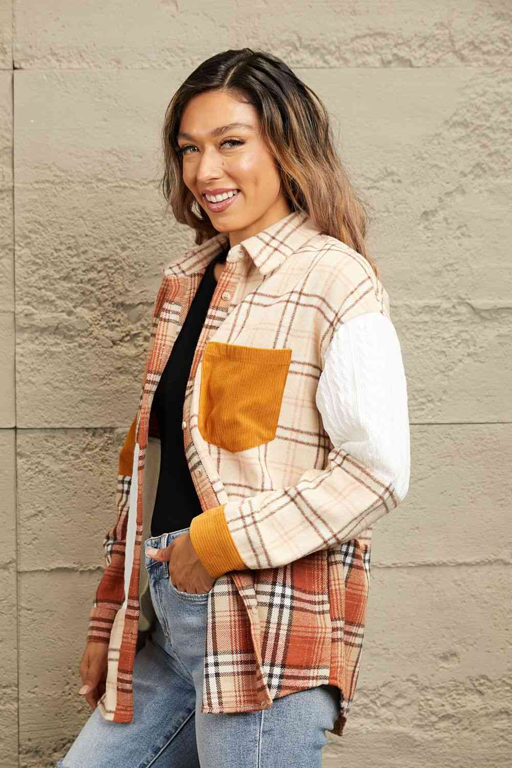 Double Take Plaid Color Block Dropped Shoulder Shacket