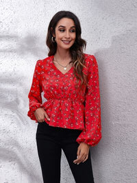 Thumbnail for Floral V-Neck Balloon Sleeve Peplum Blouse