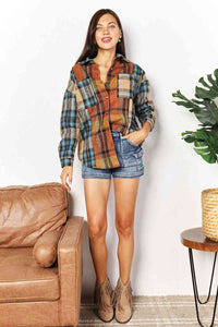 Thumbnail for Double Take Plaid Curved Hem Shirt Jacket with Breast Pockets