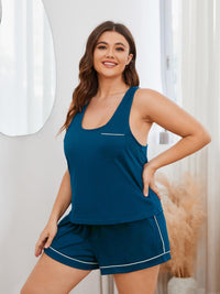 Thumbnail for Plus Size Contrast Piping Racerback Tank and Shorts Lounge Set