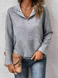 Thumbnail for Half Buttoned Collared Neck Sweatshirt with Pocket