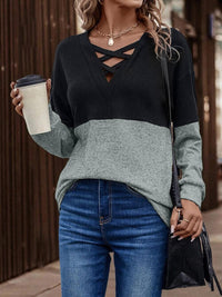 Thumbnail for Two-Tone Crisscross Detail Sweatshirt