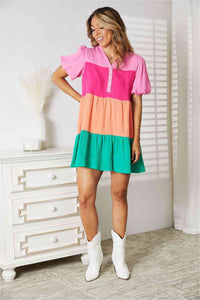 Thumbnail for Double Take Color Block Buttoned Puff Sleeve Dress