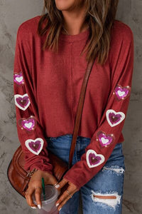 Thumbnail for Heart Sequin Round Neck Long Sleeve T-Shirt