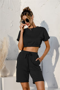 Thumbnail for Short Sleeve Cropped Top and Drawstring Shorts Lounge Set