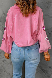 Thumbnail for Heart Sequin Half Snap Mineral Wash Sweatshirt