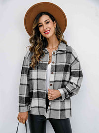 Thumbnail for Plaid Button Up Collared Neck Jacket