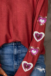 Thumbnail for Heart Sequin Round Neck Long Sleeve T-Shirt