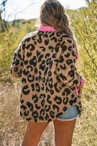 Thumbnail for Leopard Contrast Teddy Shacket with Pockets