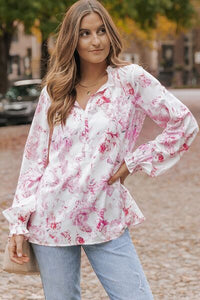 Thumbnail for Floral Tie Neck Flounce Sleeve Blouse