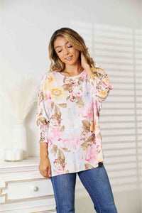 Thumbnail for Double Take Floral Round Neck Three-Quarter Sleeve Top