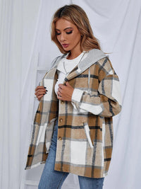 Thumbnail for Plaid Hooded Jacket with Pockets