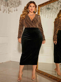 Thumbnail for Plus Size Surplice Neck Long Sleeve Slit Dress