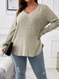 Thumbnail for Plus Size V-Neck Long Sleeve T-Shirt