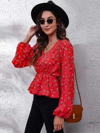 Thumbnail for Floral V-Neck Balloon Sleeve Peplum Blouse