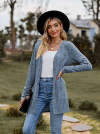 Thumbnail for Ribbed Button-Up Cardigan with Pockets