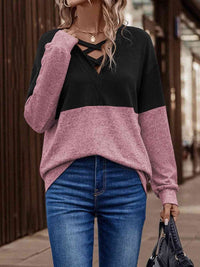 Thumbnail for Two-Tone Crisscross Detail Sweatshirt