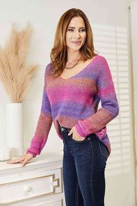 Thumbnail for Double Take Multicolored Rib-Knit V-Neck Knit Pullover