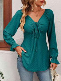 Thumbnail for Tie Front V-Neck Puff Sleeve Blouse