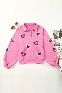 Thumbnail for Heart Sequin Half Snap Mineral Wash Sweatshirt