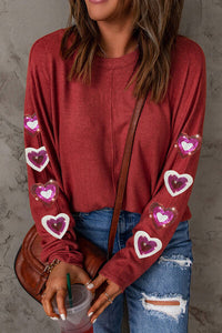 Thumbnail for Heart Sequin Round Neck Long Sleeve T-Shirt