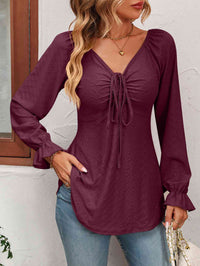 Thumbnail for Tie Front V-Neck Puff Sleeve Blouse