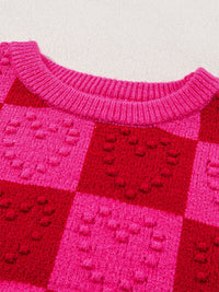 Thumbnail for Plaid Heart Round Neck Sweater