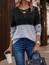 Thumbnail for Two-Tone Crisscross Detail Sweatshirt