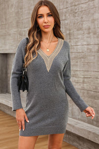 Thumbnail for V-Neck Long Sleeve Mini Sweater Dress