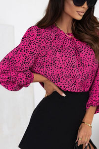 Thumbnail for Leopard Round Neck Balloon Sleeve Blouse