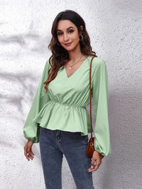 Thumbnail for V-Neck Balloon Sleeve Peplum Blouse