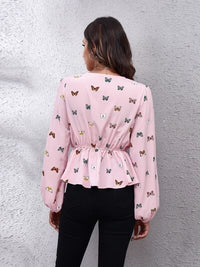 Thumbnail for Butterfly V-Neck Balloon Sleeve Peplum Blouse