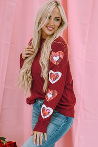 Thumbnail for Heart Sequin Round Neck Long Sleeve T-Shirt