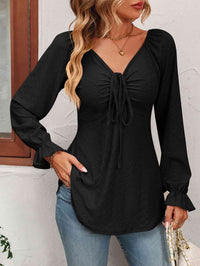 Thumbnail for Tie Front V-Neck Puff Sleeve Blouse