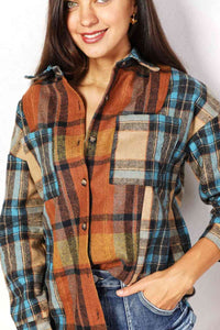 Thumbnail for Double Take Plaid Curved Hem Shirt Jacket with Breast Pockets